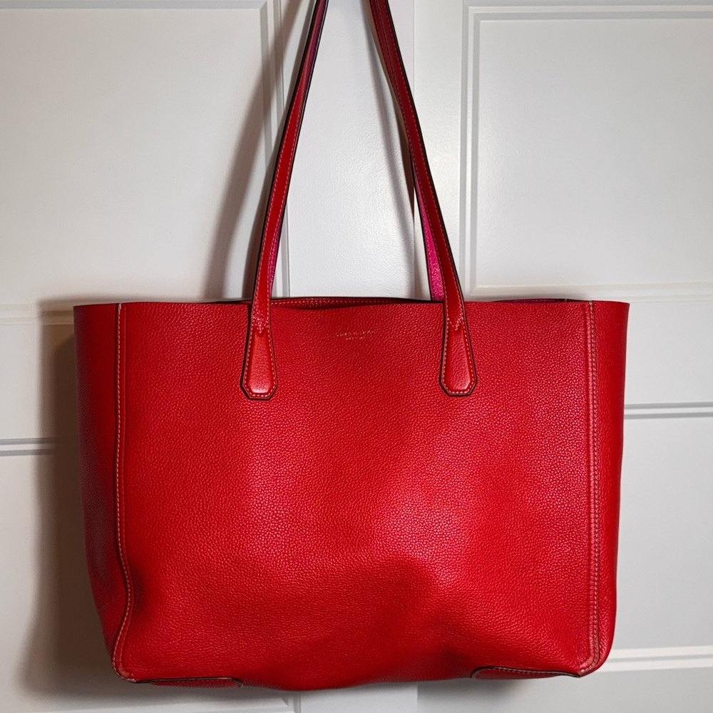 Tory Burch Vibrant Red Leather Tote with Sleek Design